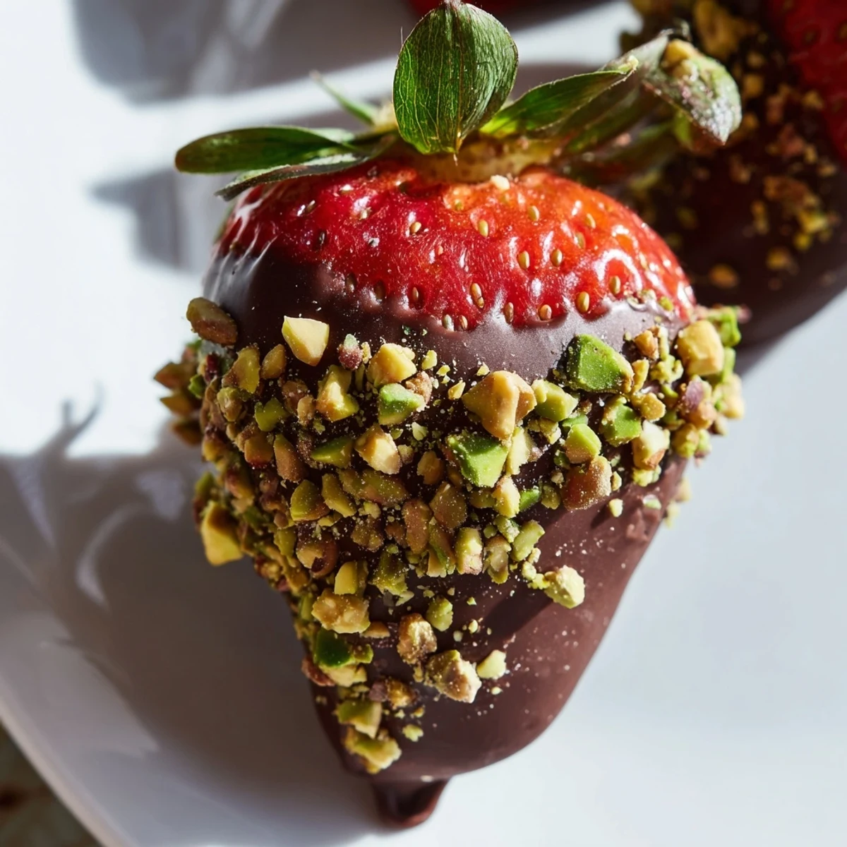 Luscious Chocolate Covered Strawberries with Pistachios are arranged on a marble board next to bubbling champagne.