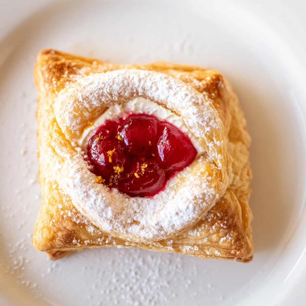 Freshly baked Cranberry and Cream Cheese Pastries showcase flaky layers and a vibrant, tangy cranberry filling on a white plate.