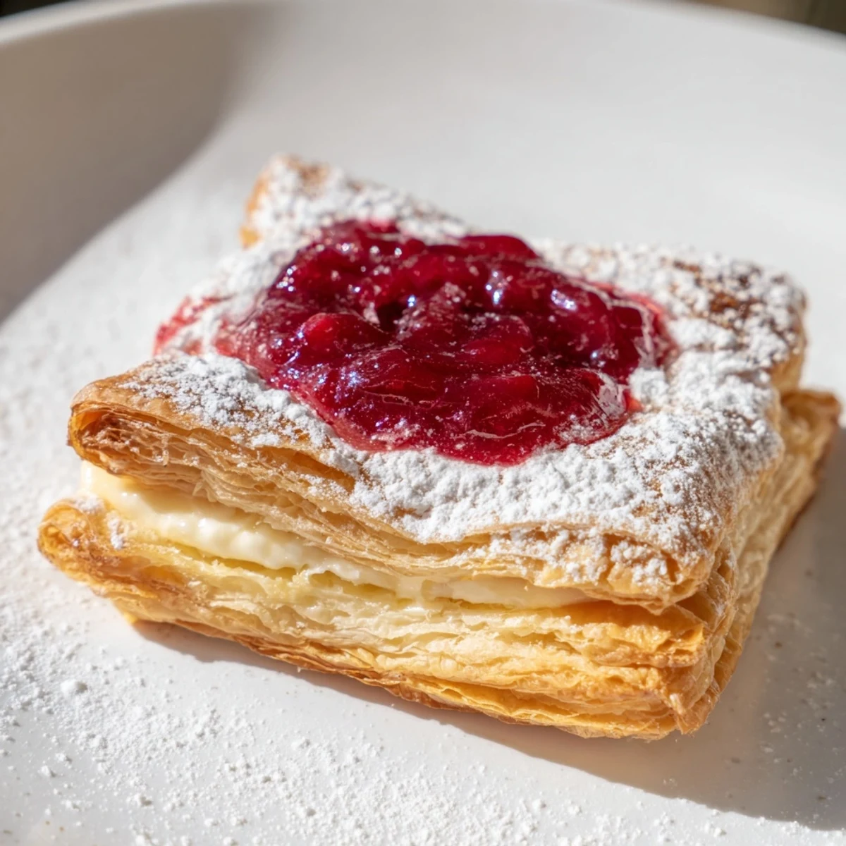 Warm Cranberry and Cream Cheese Pastries with a gooey center, perfect with coffee and a dusting of powdered sugar.