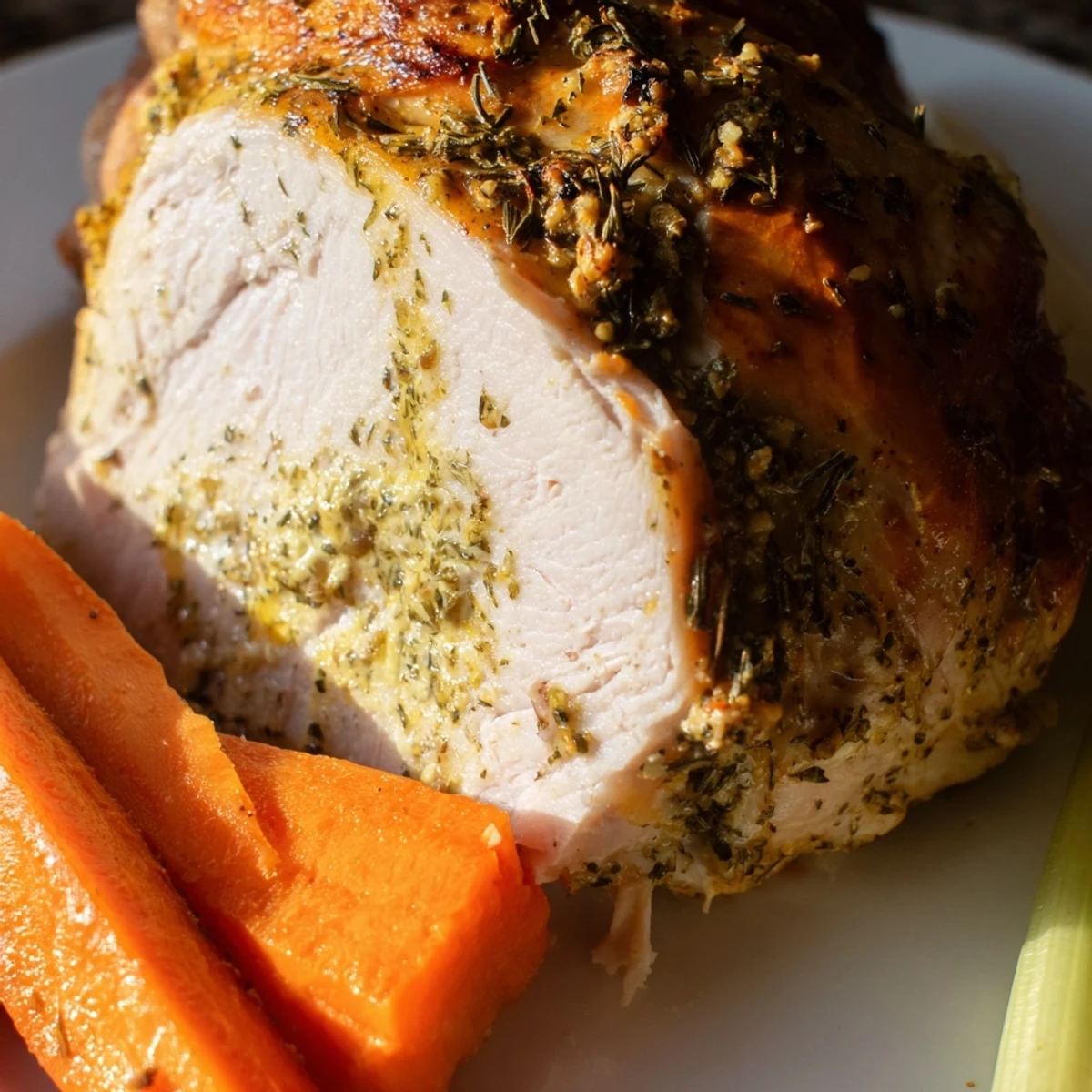 Succulent slices of Lemon Herb Roasted Turkey Crown served on a wooden platter with fresh parsley and lemon wedges.