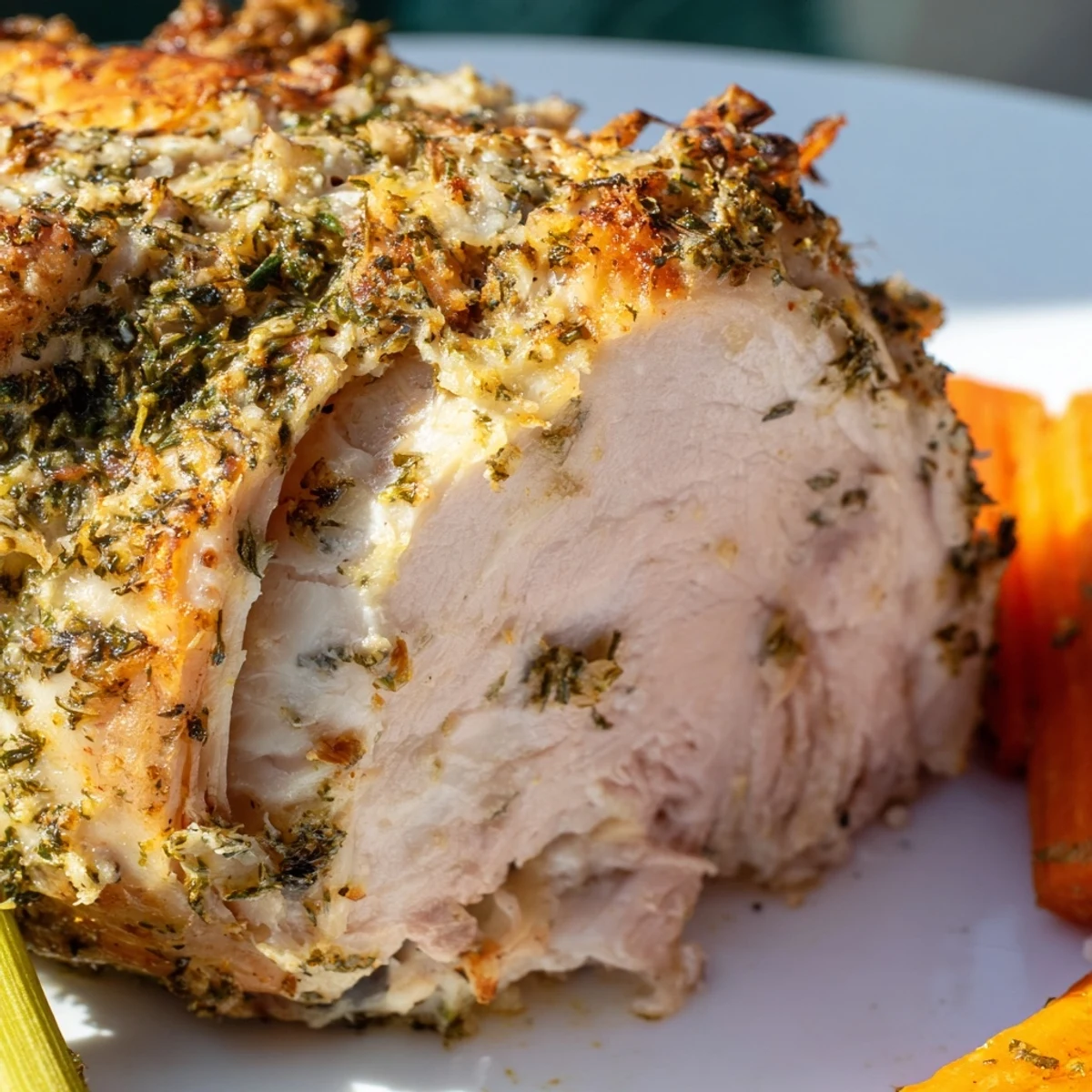 Golden-brown Lemon Herb Roasted Turkey Crown resting on a bed of roasted onions and carrots, basting in rich pan juices.