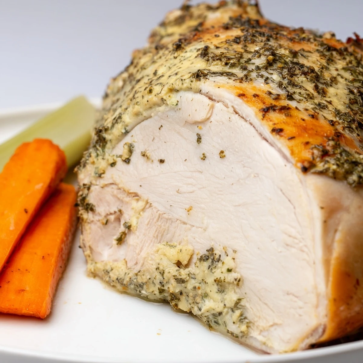 Fresh herbs and lemon zest crusted on a Lemon Herb Roasted Turkey Crown, ready to be carved for a festive dinner.