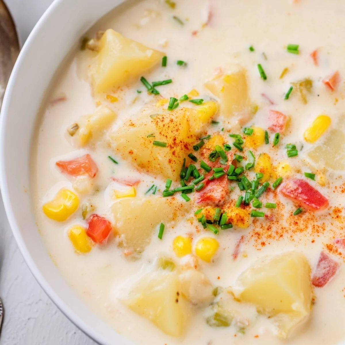 A ladle lifts a serving of Creamy Corn Chowder with Smoked Paprika, highlighting golden corn kernels, tender potatoes, and a velvety orange broth.