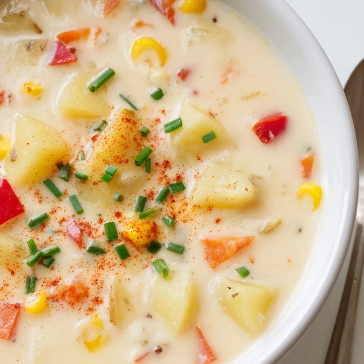 Creamy Corn Chowder with Smoked Paprika steams in a rustic bowl, garnished with fresh chives and a dusting of paprika, served with crusty bread.