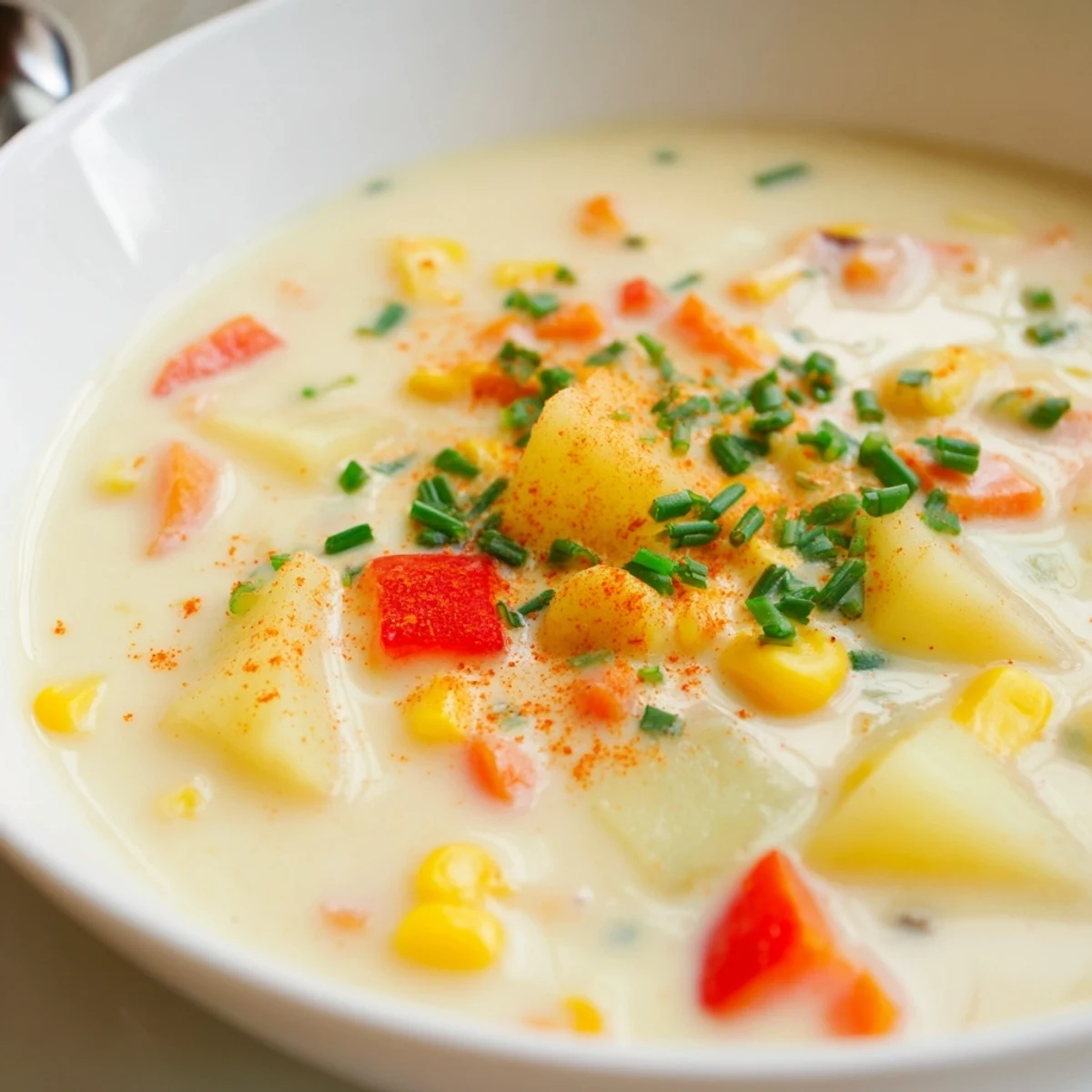 Hearty Creamy Corn Chowder with Smoked Paprika topped with chives and paprika rests beside a slice of toasted sourdough bread.