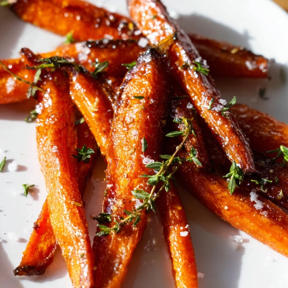 Golden Herb Roasted Carrots with Honey glistening on a platter, fresh parsley garnish, sweet and savory aroma, perfect side dish.