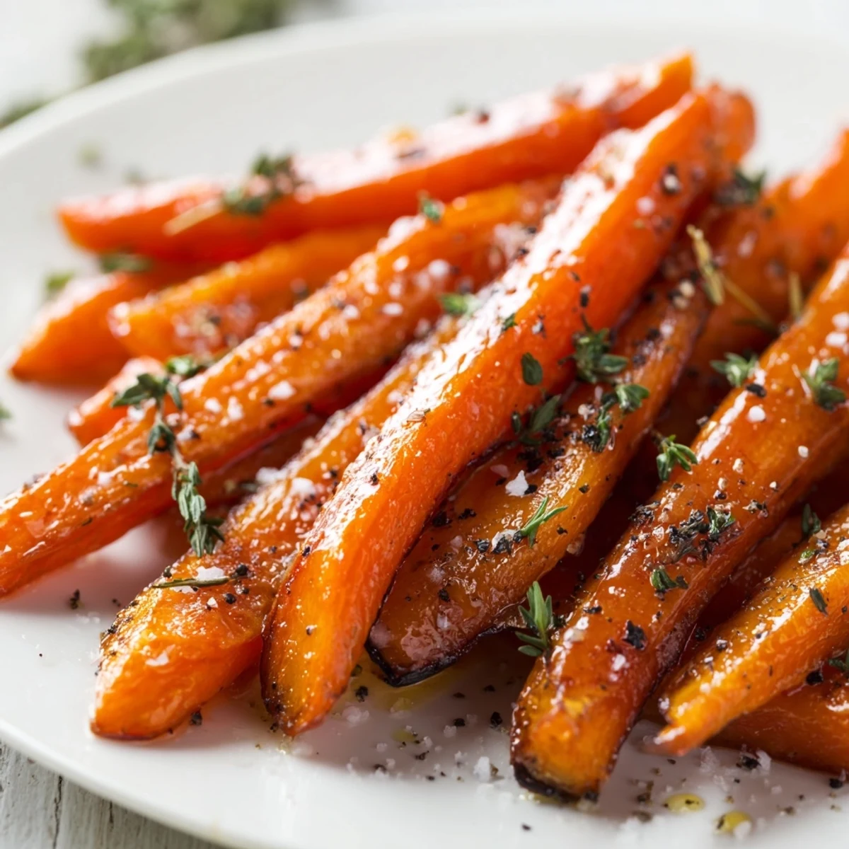 Tender Herb Roasted Carrots with Honey glazed and caramelized on a baking sheet, rustic wooden background, easy weeknight side.