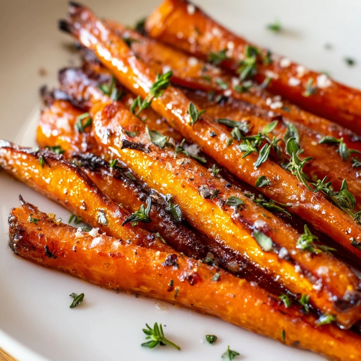 Close-up of Herb Roasted Carrots with Honey, herbs and olive oil, roasted carrots fork-tender, served warm for dinner.