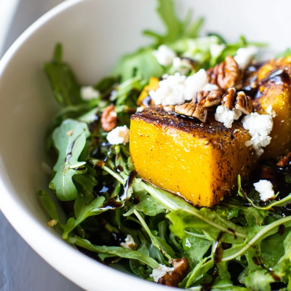 Overhead view of a fresh Butternut Squash Salad with Arugula, showcasing vibrant orange squash, greens, and toasted pecans.