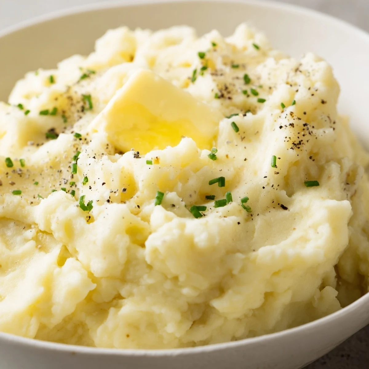 Garlic Mashed Potatoes with Butter topped with melting butter and fresh chives, served warm in a rustic ceramic bowl.