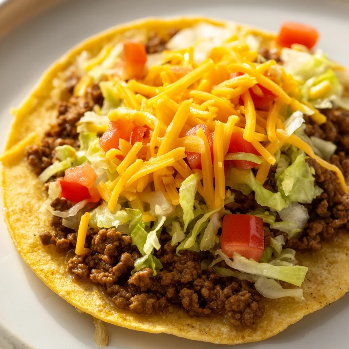 Freshly assembled Beef Tacos with Lettuce and Tomato feature seasoned ground beef, shredded iceberg lettuce, and diced tomatoes on warm taco shells.