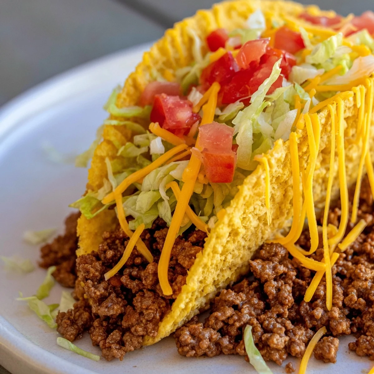 Crisp Beef Tacos with Lettuce and Tomato are garnished with shredded cheddar cheese and fresh cilantro, ready to serve for a quick dinner.
