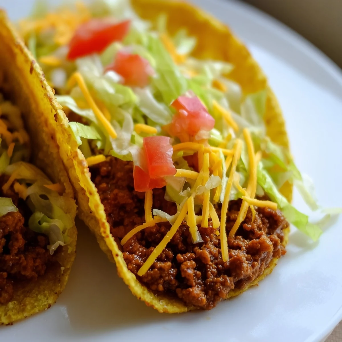 Steaming, seasoned ground beef filling is spooned into soft tortillas for Beef Tacos with Lettuce and Tomato, accompanied by colorful diced tomatoes.