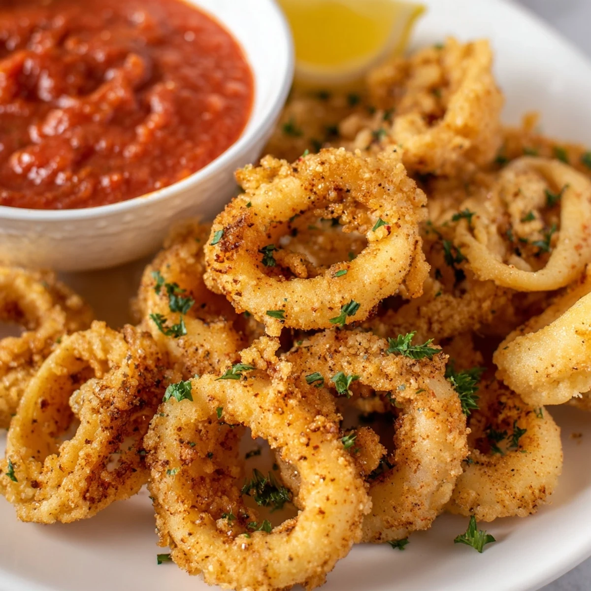 Crispy Calamari with Marinara Sauce arranged on a white plate with lemon wedges and parsley garnish, ready to serve.