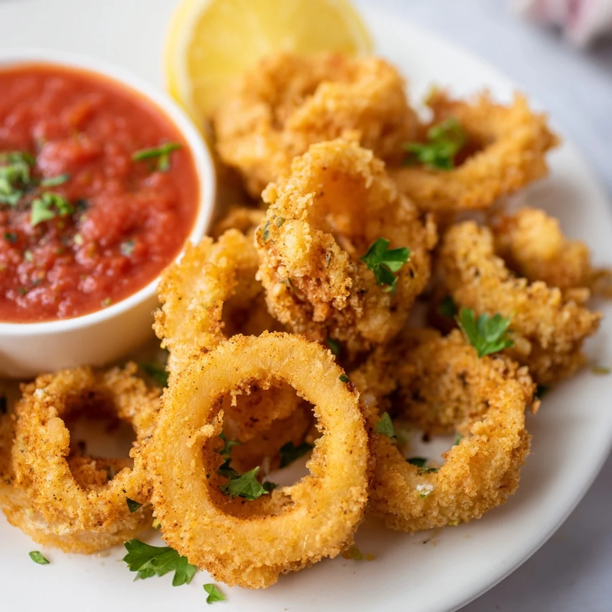 Crispy Calamari with Marinara Sauce topped with fresh parsley and lemon, perfect party snack with crisp texture and tangy dip.
