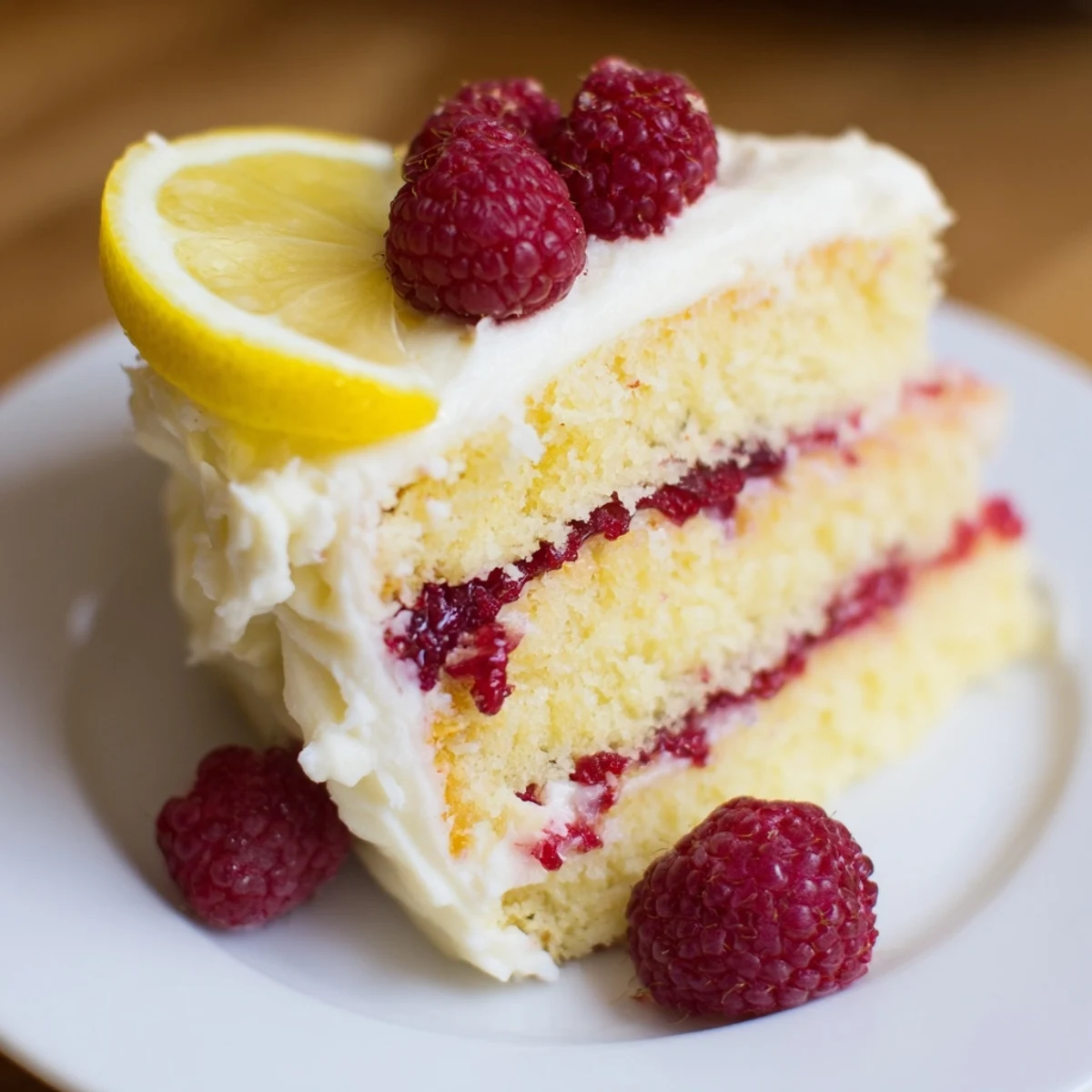 Freshly baked Lemon Raspberry Layer Cake with tender lemon sponge, raspberry filling, and creamy lemon frosting, garnished with fresh raspberries on a plate.