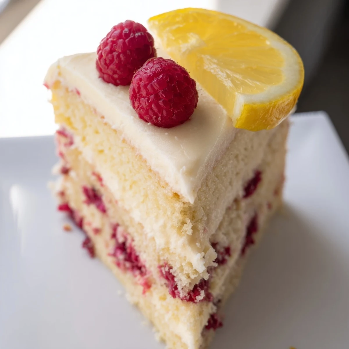 A slice of moist Lemon Raspberry Layer Cake reveals tangy raspberry preserves between fluffy lemon layers and rich cream cheese frosting.