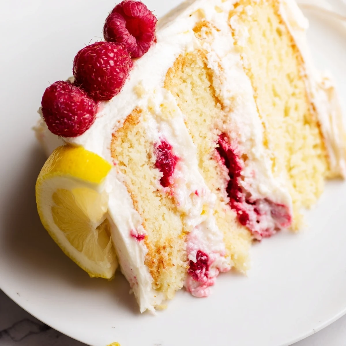 Bright Lemon Raspberry Layer Cake decorated with fresh raspberries and lemon slices, showcasing luscious layers on a white serving plate.