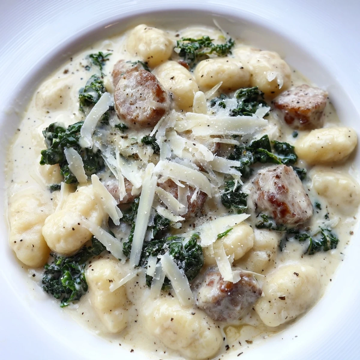 Pillowy gnocchi, savory sausage, and vibrant kale tossed in a rich garlic cream sauce, ready to serve.