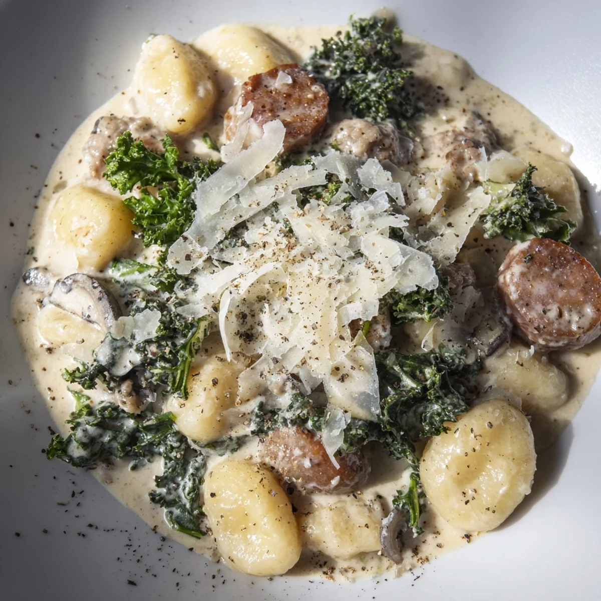 A close-up of Creamy Gnocchi with Sausage and Kale, highlighting the steamy, velvety parmesan sauce.