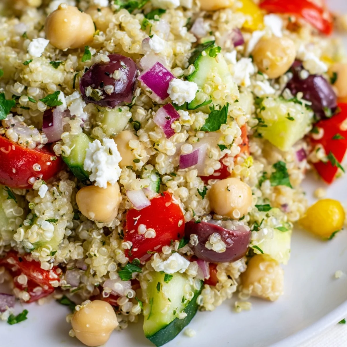 Fresh Mediterranean Quinoa Salad with chickpeas, cherry tomatoes, cucumbers, and crumbled feta cheese in a white serving bowl.