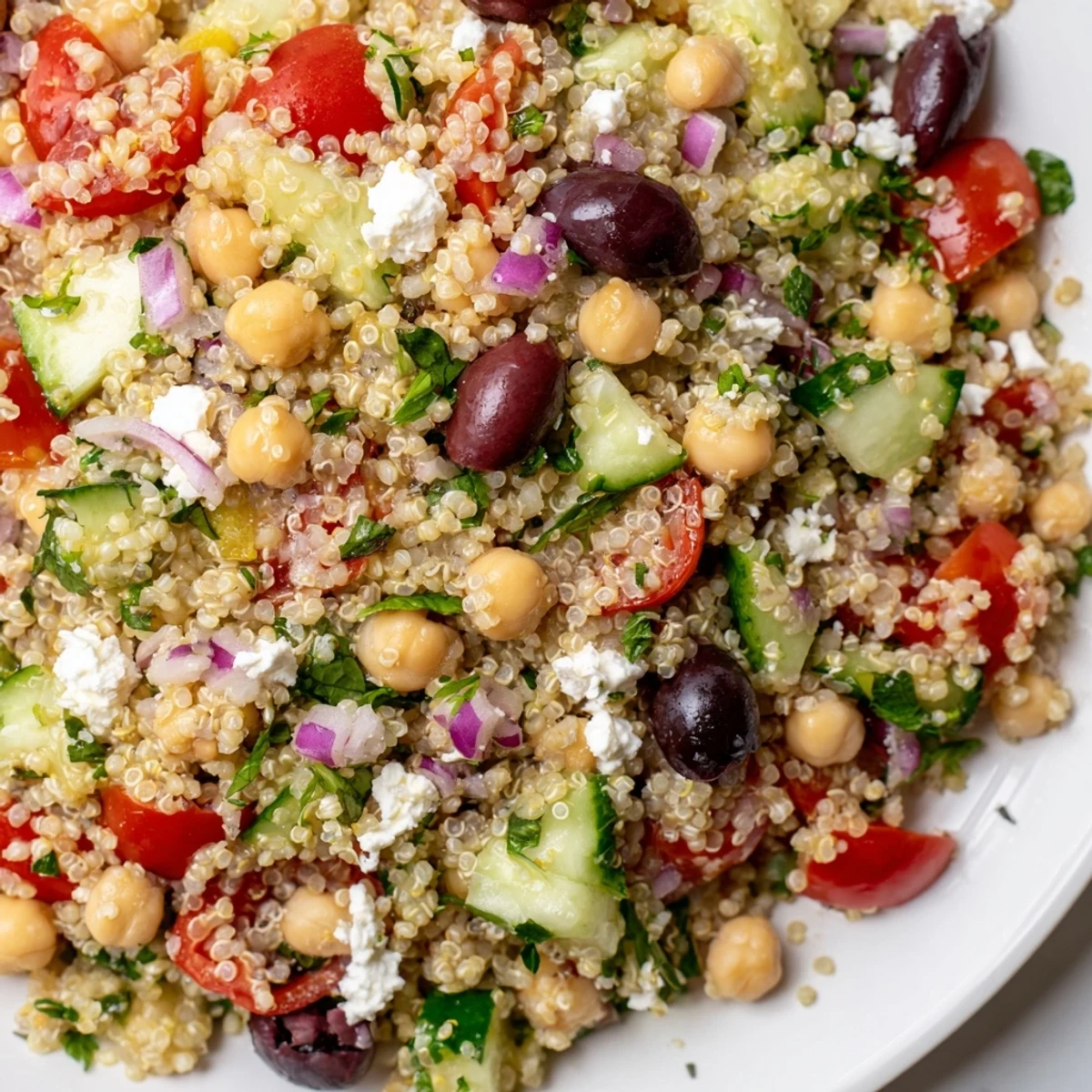 Fluffy Mediterranean Quinoa Salad tossed with chickpeas, olives, and a zesty lemon-herb dressing, garnished with fresh mint.