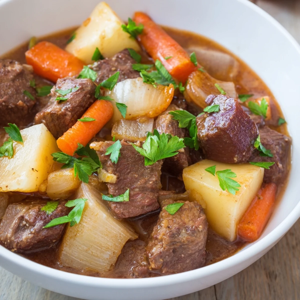 Steamy Slow Cooker Beef Stew with Root Vegetables bubbles in a ceramic insert, featuring tender beef, carrots, and parsnips.