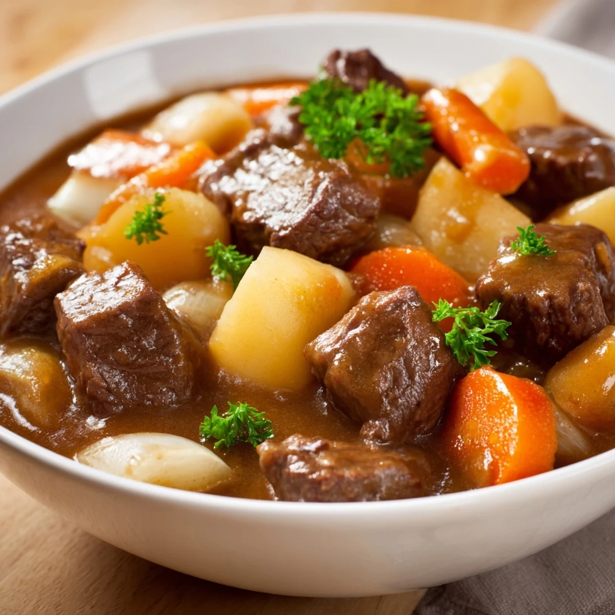 Fork-tender Slow Cooker Beef Stew with Root Vegetables served in a rustic bowl, garnished with fresh parsley and crusty bread.