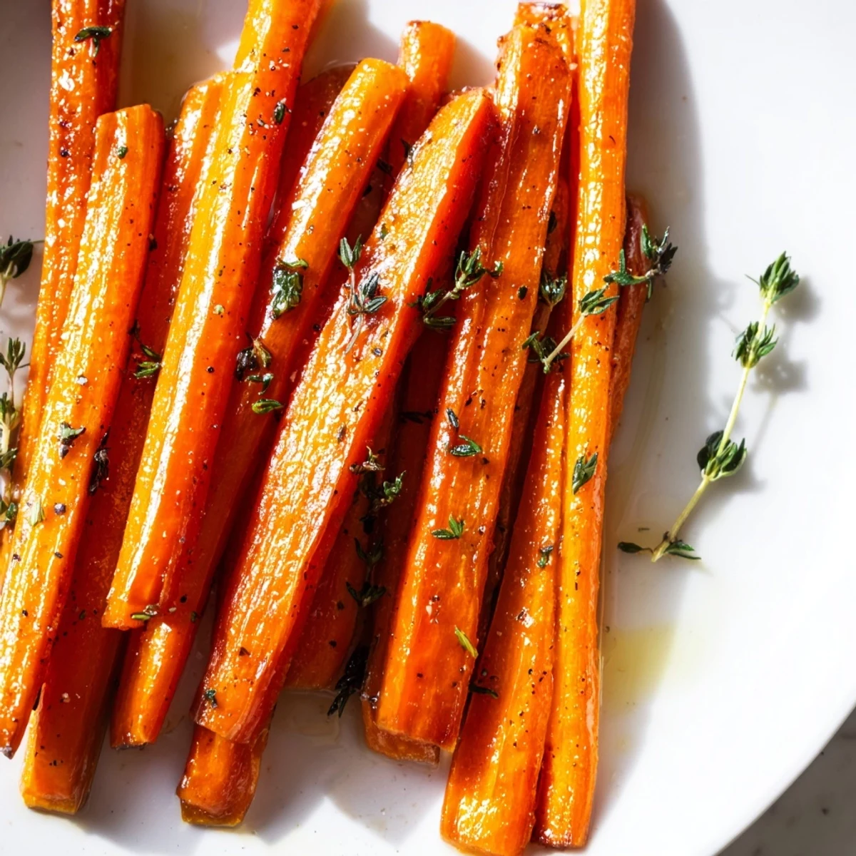 Perfectly roasted carrots with honey and thyme glisten on a white platter, garnished with fresh parsley.