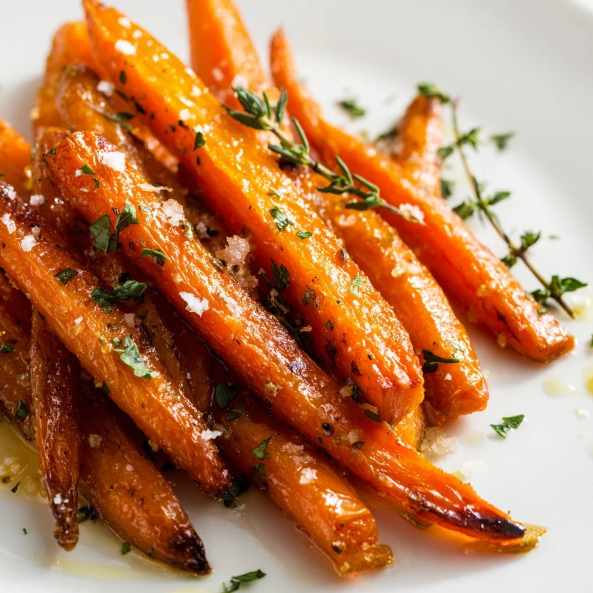 Golden, caramelized Roasted Carrots with Honey and Thyme, tossed with olive oil and fresh herbs.