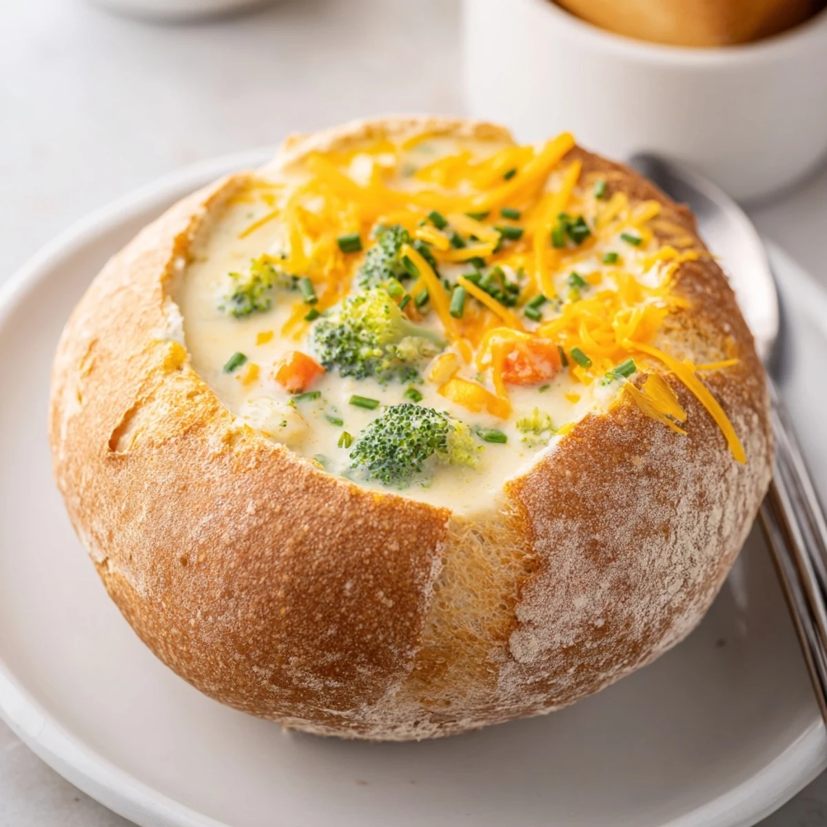 Creamy Broccoli Cheddar Soup served in a warm, crusty sourdough bread bowl, ready to eat.