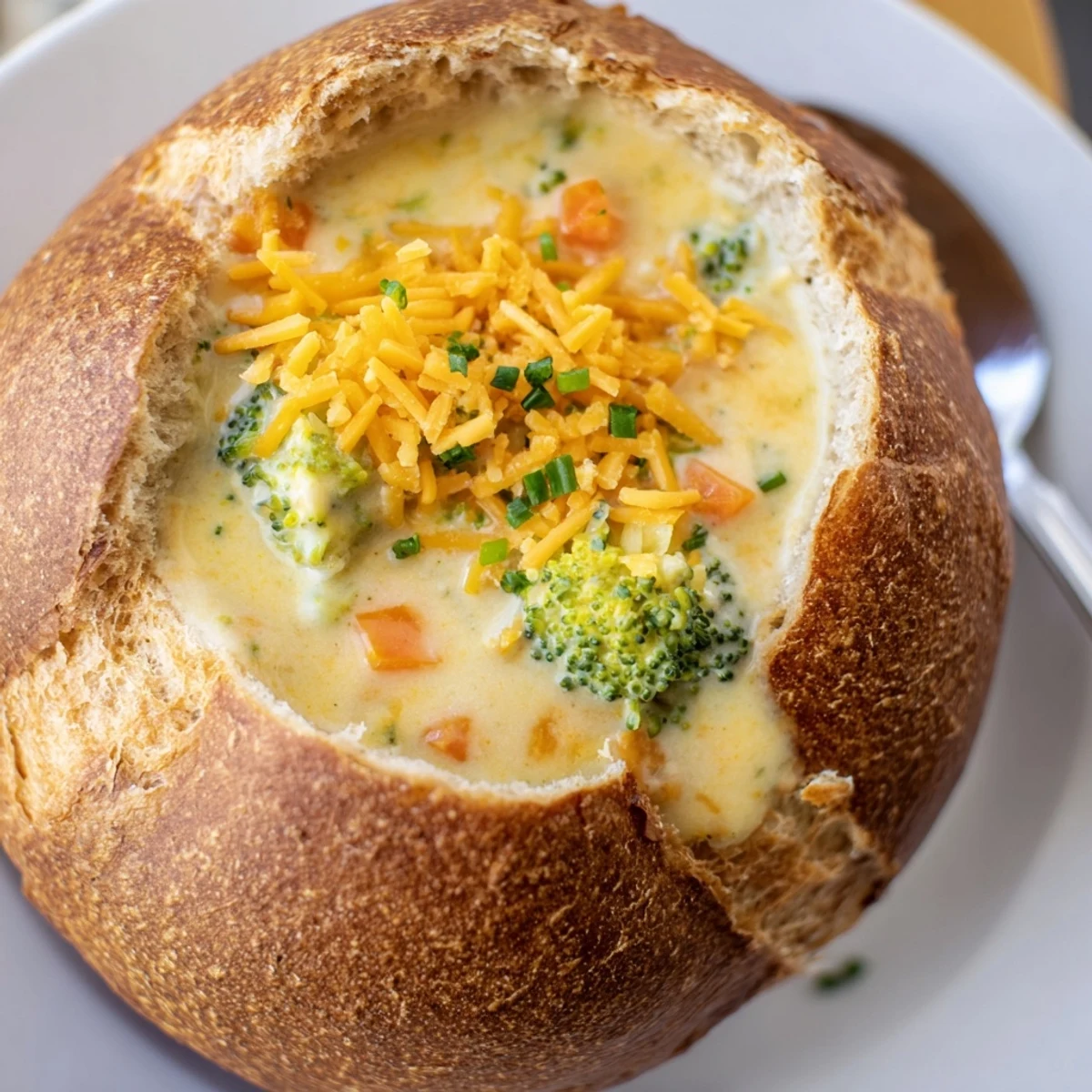 Golden, velvety Broccoli Cheddar Soup ladled into a hollowed-out bread bowl, perfect for a cozy meal.