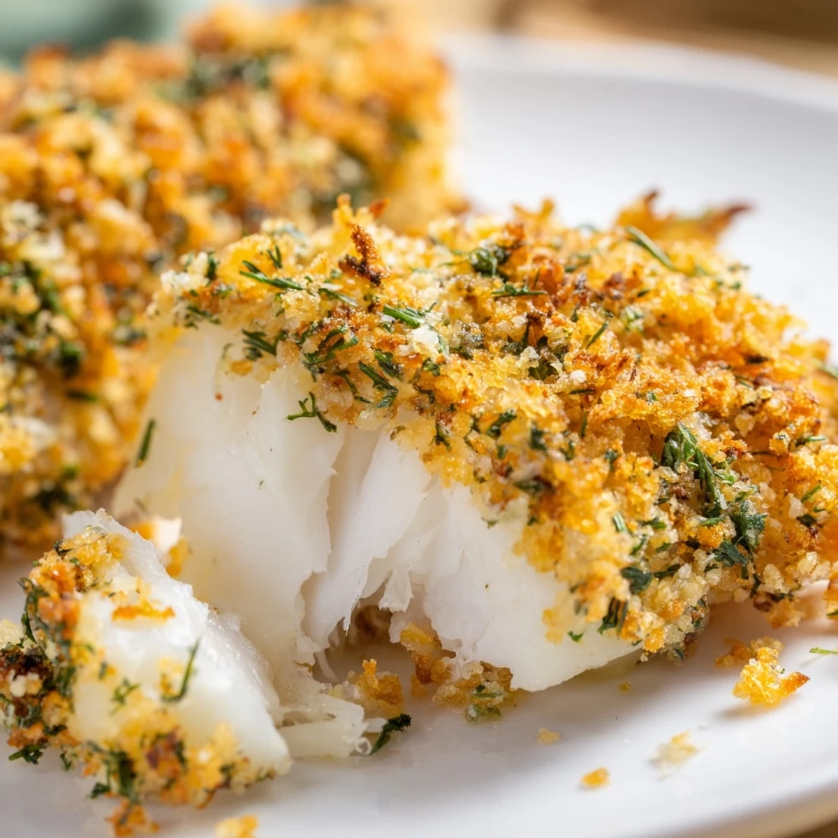 Golden-brown Baked Cod with Panko and Herb Crust is served hot with fresh lemon wedges on a plate.