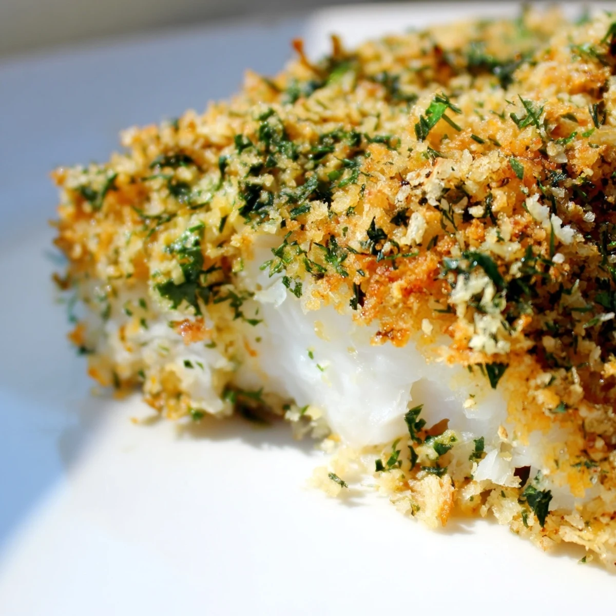Flaky Baked Cod with Panko and Herb Crust features a crunchy, savory topping with green herbs visible.