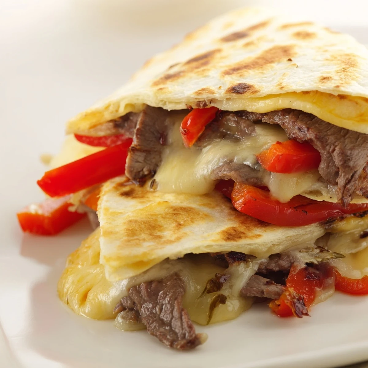 Melted cheese and seasoned beef ooze from a toasted flour tortilla slice.