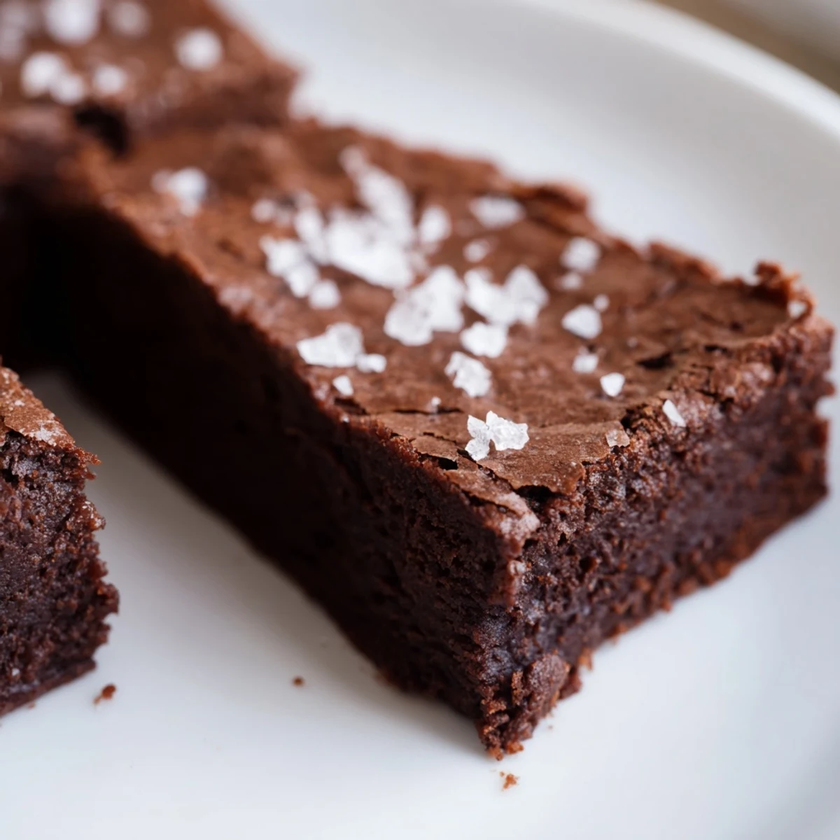 Rich, fudgy Chocolate Fudge Brownies with Sea Salt on a plate, topped with flaky crystals and a scoop of vanilla ice cream melting on top.