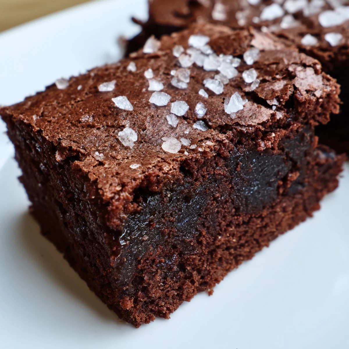Golden-edged Chocolate Fudge Brownies with Sea Salt arranged on parchment, garnished with flaky salt crystals ready for a sweet and savory bite.