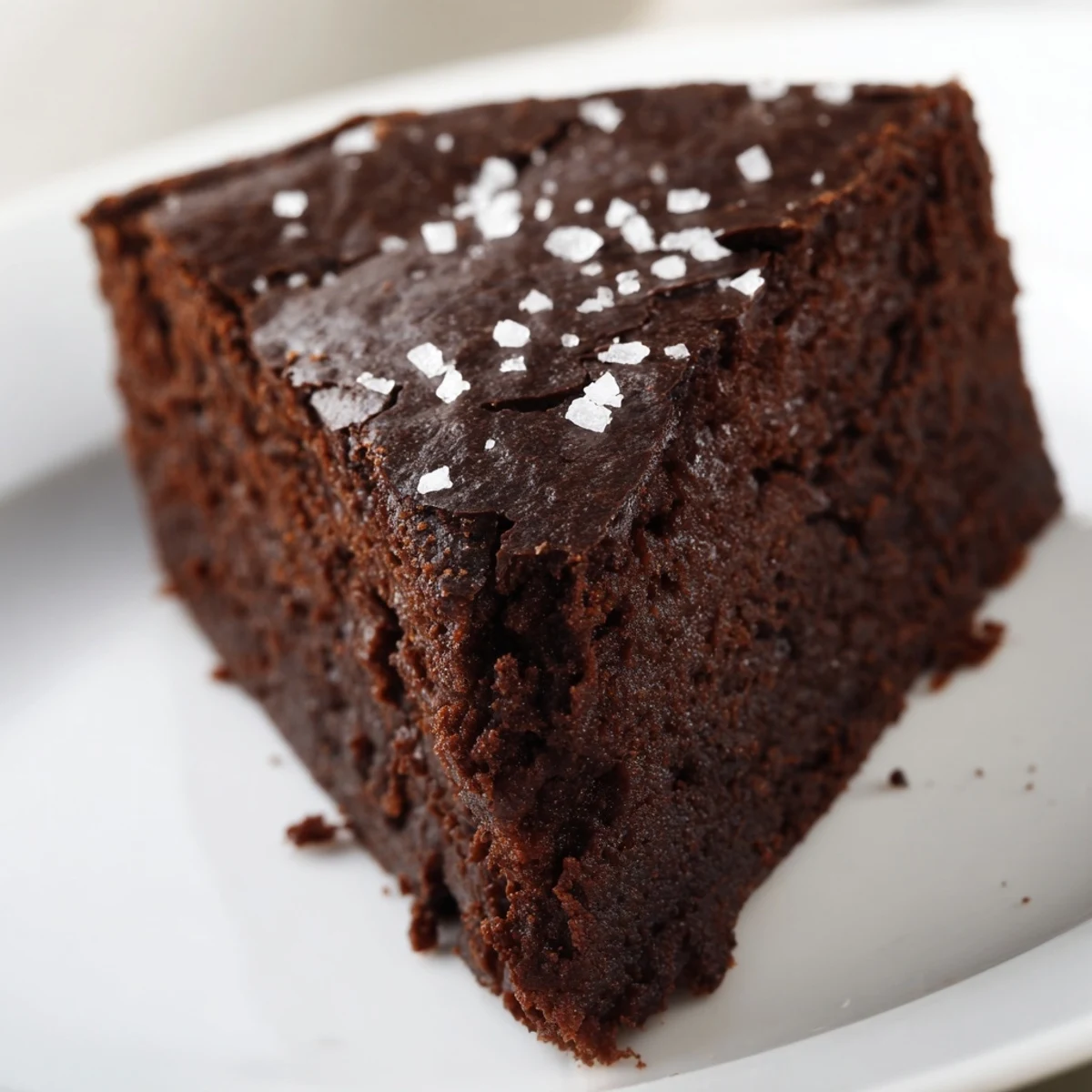 Freshly baked, warm Chocolate Fudge Brownies with Sea Salt stacked high, showcasing a moist crumb texture and drizzled with melted chocolate.