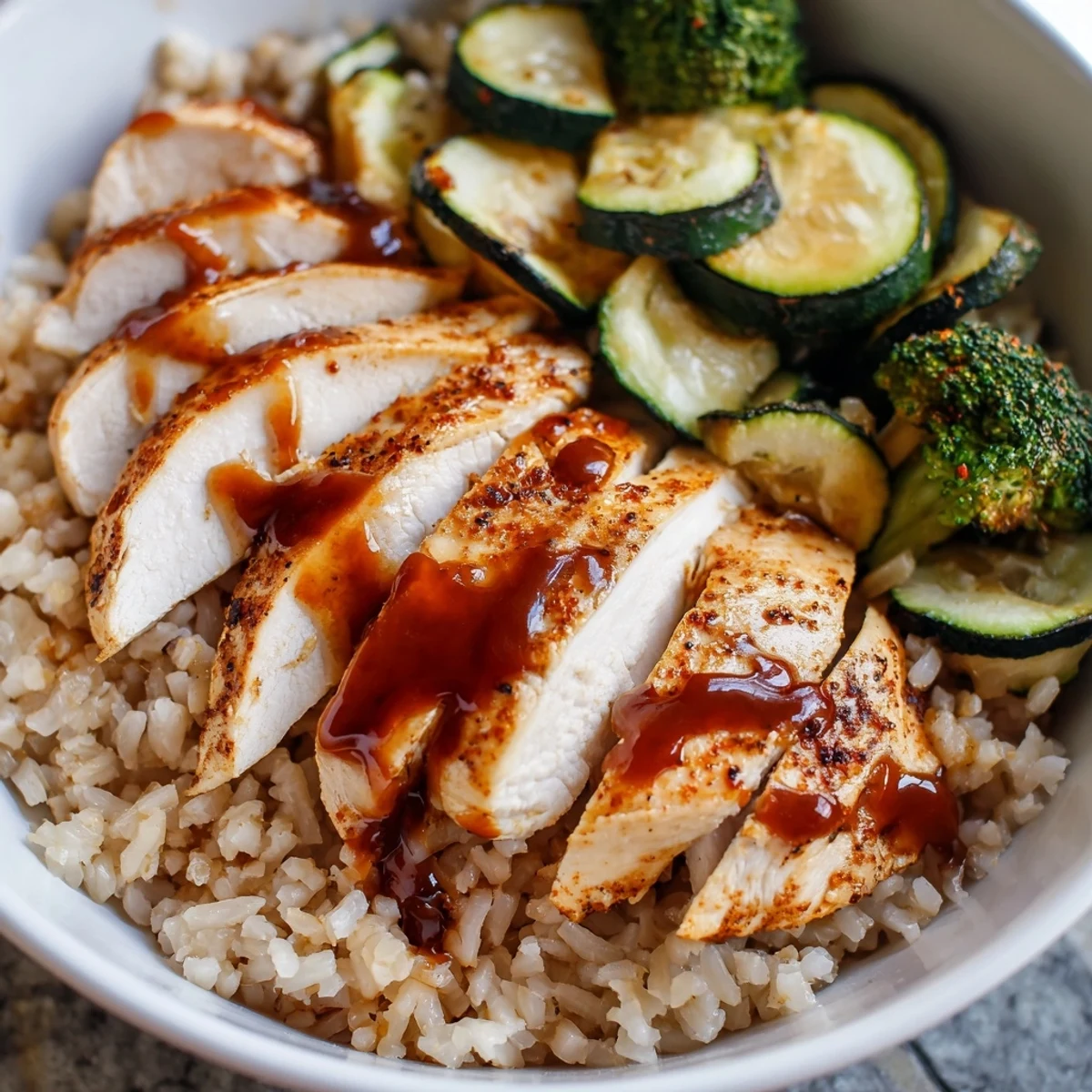 Golden-brown roasted chicken breast with colorful bell peppers, zucchini, and broccoli alongside fluffy brown rice in a meal prep container.