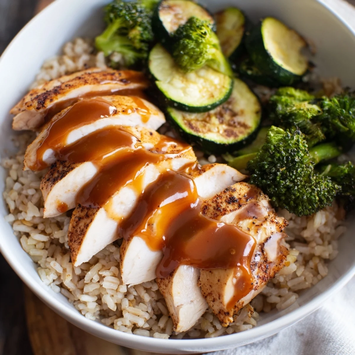 This Chicken Meal Prep features tender sliced chicken, vibrant roasted vegetables, and a drizzle of honey-soy glaze over steamed rice.