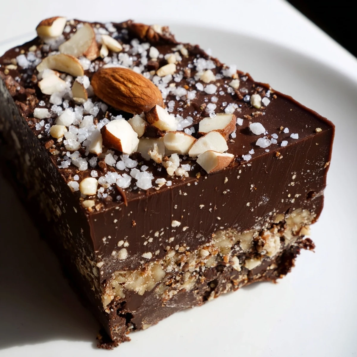 These Chocolate Treat Bars feature a golden, crumbly cookie base topped with glossy, rich melted chocolate. Finished with a sprinkle of sea salt and crunchy chopped nuts, they're a perfect no-bake American dessert. Ready to serve chilled for a sweet treat.