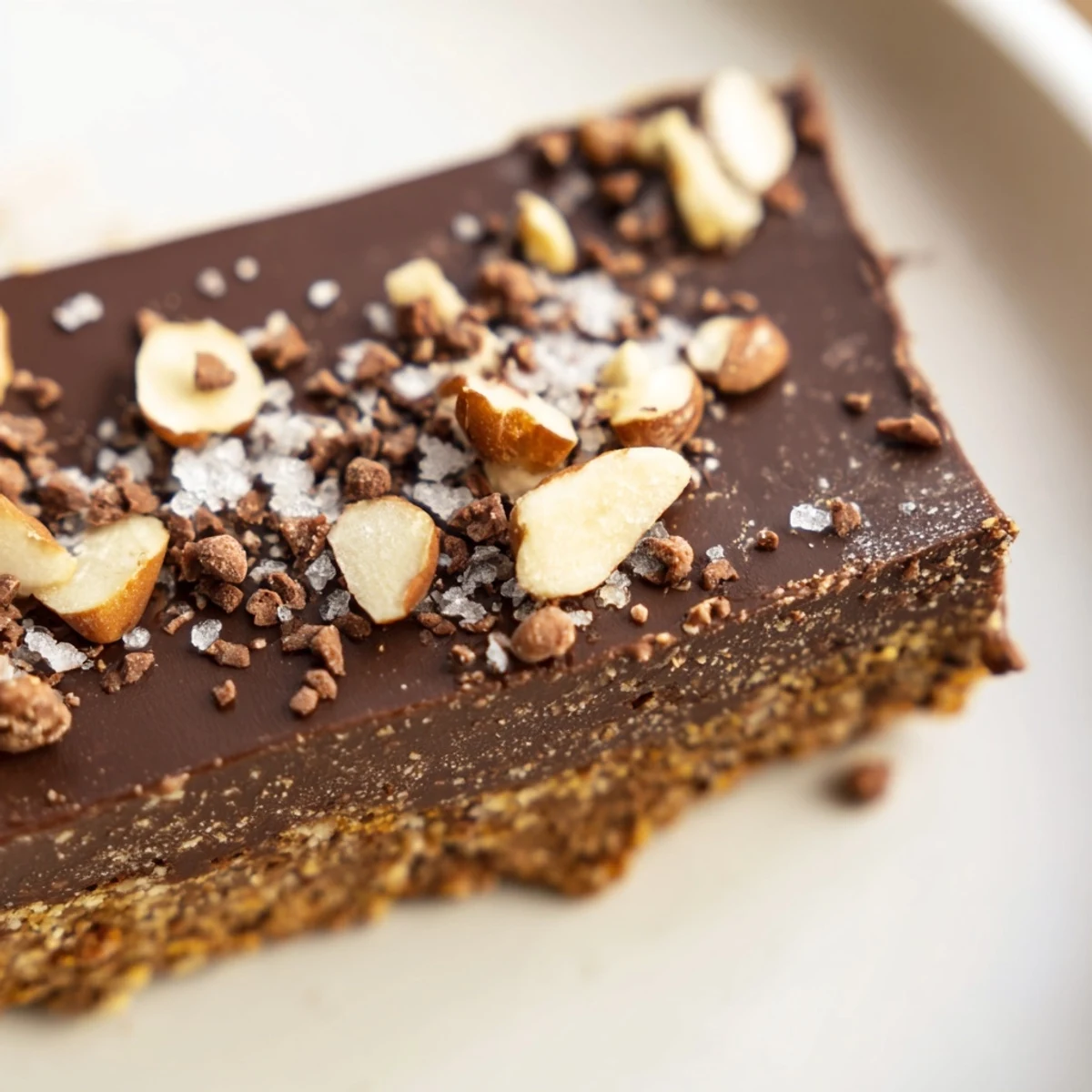 Sliced into neat squares, these Chocolate Treat Bars reveal a buttery graham cracker crust and a silky chocolate layer. The top is studded with mini chocolate chips and hazelnuts for extra texture. Ideal for a coffee break or party dessert platter.