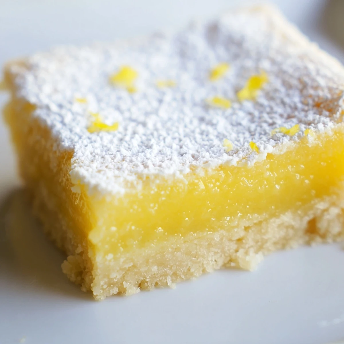Golden baked Lemon Treat Bars with a buttery shortbread crust, cut into squares and dusted with powdered sugar on a rustic wooden board.