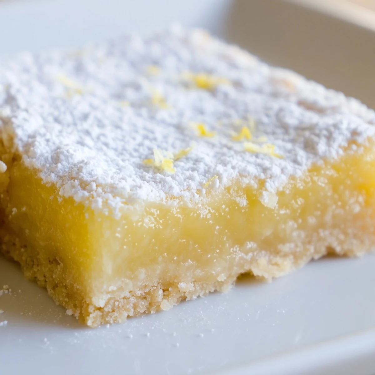 A single vibrant Lemon Treat Bars square on a white plate, revealing a smooth, tangy lemon filling and crumbly golden crust.