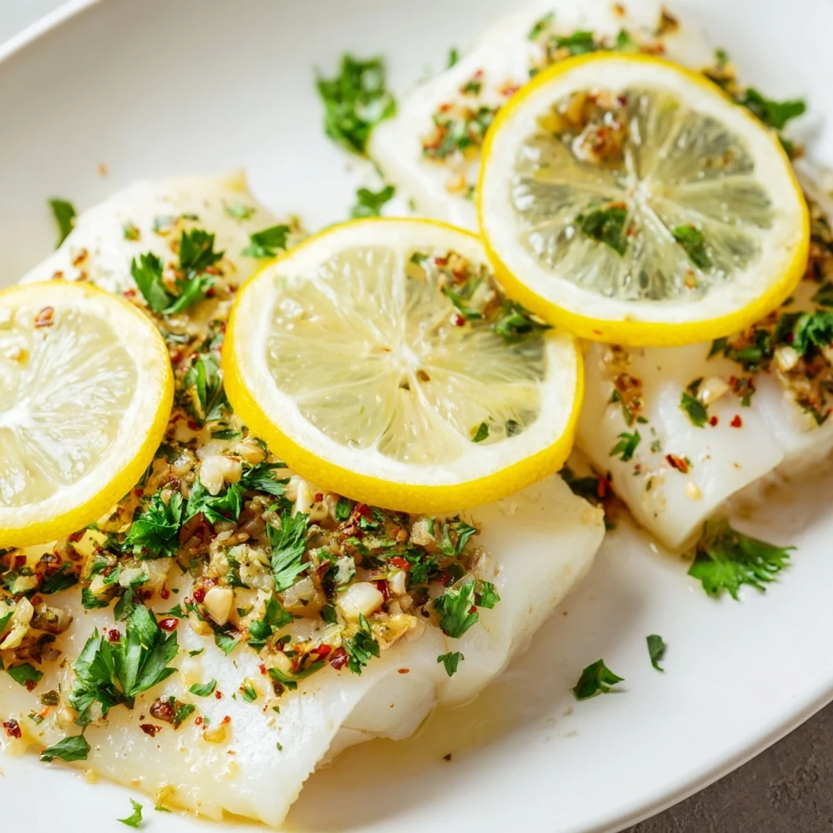 Flaky, tender Baked Fish Fillet baked with olive oil and herbs, fresh out of the oven on a rustic wooden table.