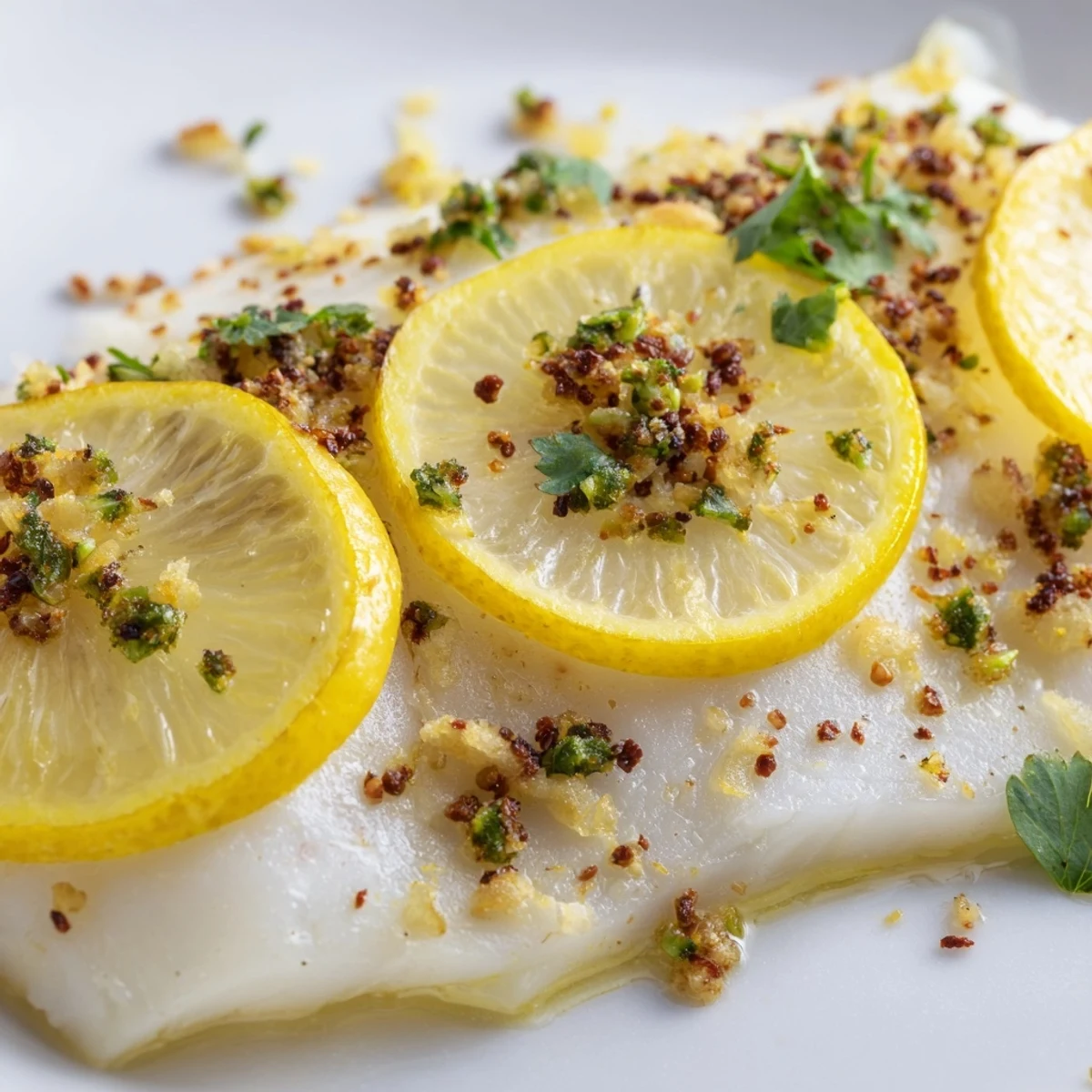 Golden-brown Baked Fish Fillet with lemon slices, fresh parsley, and garlic on a white ceramic plate, flaky texture visible.