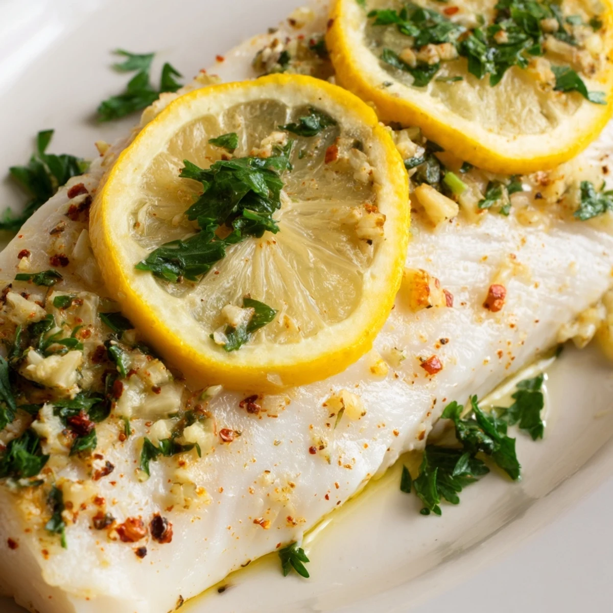 Perfectly cooked Baked Fish Fillet garnished with herbs and lemon wedges, served alongside colorful roasted vegetables for a healthy meal.