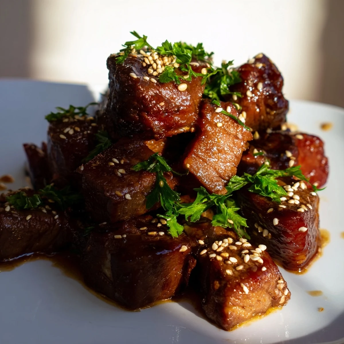 Tender beef cubes glazed in a savory sauce, served warm as a protein-packed appetizer with toothpicks.
