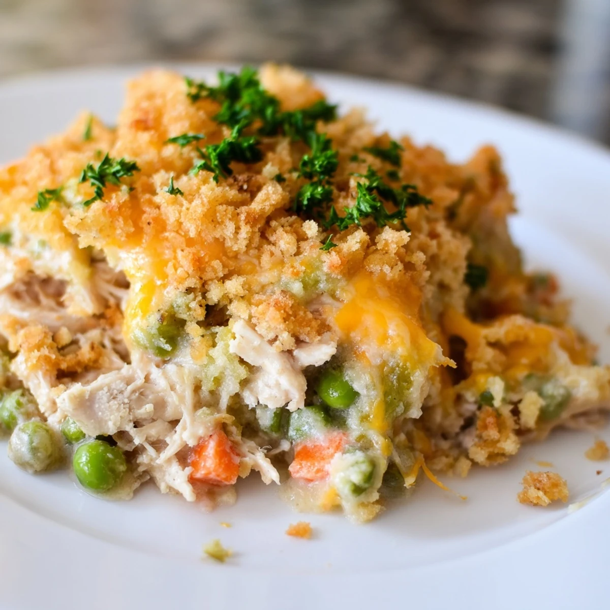 Freshly baked Turkey Dish Casserole with a golden breadcrumb and cheddar cheese topping, steaming in a dish.