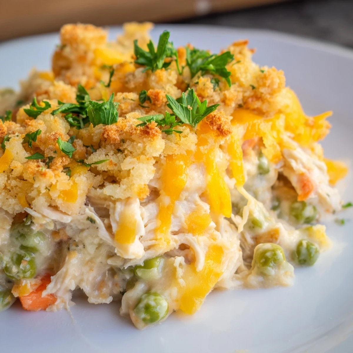 Sautéed carrots, peas, and tender turkey peek through a creamy sauce under the bubbling cheese crust.